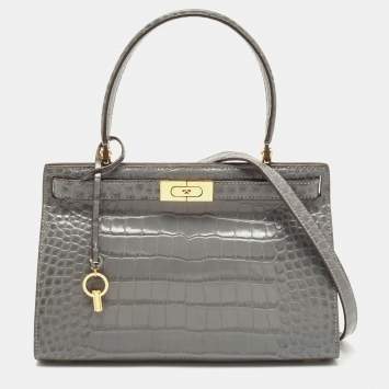 Pre Owned Tory Burch Grey Croc Embossed Leather Lee Radziwill Top Handle Bag