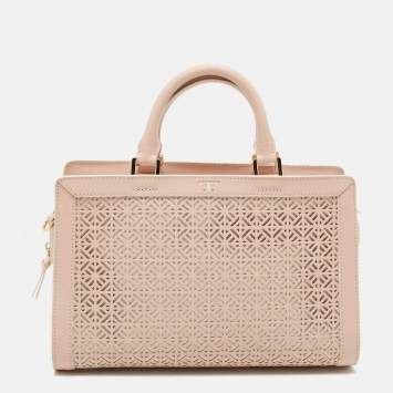 Pre Owned Tory Burch Light Pink Cut-Out Leather Zip Tote 