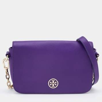 Pre Owned Tory Burch Purple Leather Mini Robinson Chain Shoulder Bag