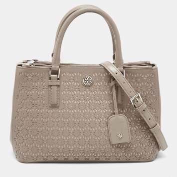 Pre Owned Tory Burch Grey Floral Laser Cut Leather Double Zip Robinson Tote 