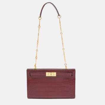 Pre Owned Tory Burch Burgundy Croc Embossed Leather Lee Radziwill Chain Shoulder Bag 