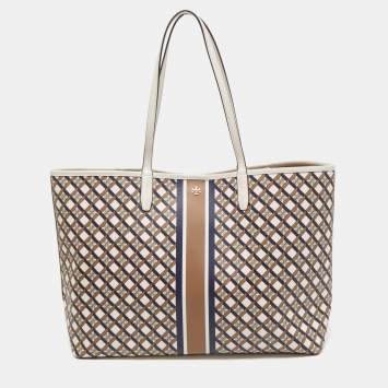 Pre Owned Tory Burch White/Multicolor Coated Canvas and Leather Geo Shopper Tote