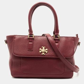 Pre Owned Tory Burch Burgundy Grained Leather Turnlock Flap Tote