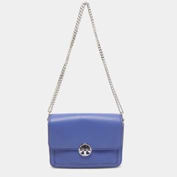 Pre Owned Tory Burch Blue/Silver Leather Chelsea Shoulder Bag 