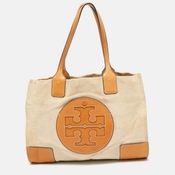 Pre Owned Tory Burch Beige/Off White Canvas and Leather Ella Tote