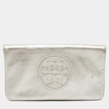 Pre Owned Tory Burch Metallic Silver Leather Reva Clutch