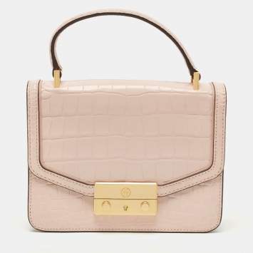 Pre Owned Tory Burch Pink Croc Embossed Leather Mini Juliette Top Handle Bag