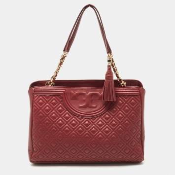 Pre Owned Tory Burch Dark Red Quilted Leather Fleming Chain Tote