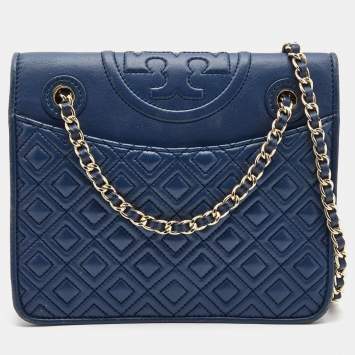 Pre Owned Tory Burch Blue Leather Medium Fleming Shoulder Bag