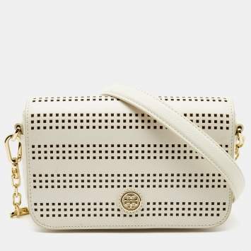 Pre Owned Tory Burch Off White Perforated Leather Robinson Flap Crossbody Bag