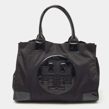 Pre Owned Tory Burch Black Patent Leather and Nylon Large Ella Tote