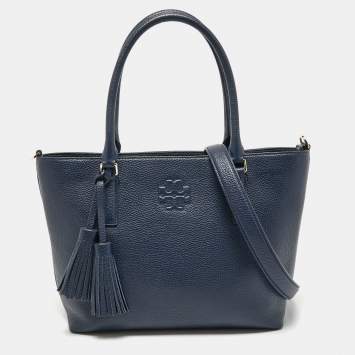 Pre Owned Tory Burch Navy Blue Leather Thea Convertible Tote