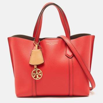 Pre Owned Tory Burch Red Leather Small Perry Triple-Compartment Tote