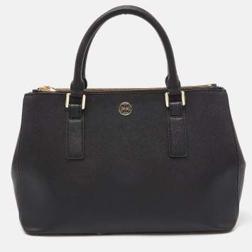 Pre Owned Tory Burch Black Leather Double Zip Robinson Tote 