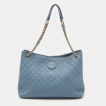 Pre Owned Tory Burch Blue Quilted Leather Marion Tote
