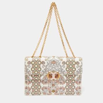 Pre Owned Tory Burch White Garden Party Leather Gemini Link Shoulder Bag