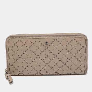 Pre Owned Tory Burch Beige Diamond Laser Cut Leather Zip Around Wallet