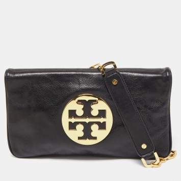 Pre Owned Tory Burch Black Glossy Leather Reva Chain Clutch