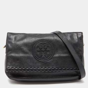 Pre Owned Tory Burch Black Leather Whipstitch Fold Over Crossbody Bag