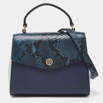 Pre Owned Tory Burch Blue Python Effect and Leather Robinson Flap Top Handle Bag