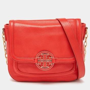 Pre Owned Tory Burch Orange Leather Amanda Round Crossbody Bag