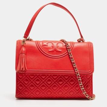 Pre Owned Tory Burch Red Quilted Leather Large Fleming Shoulder Bag