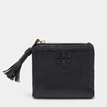 Pre Owned Tory Burch Black Leather Tassel Zip Bifold Wallet