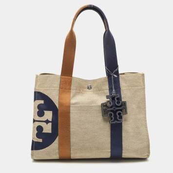 Pre Owned Tory Burch Tri Color Canvas and Leather Shopper Tote