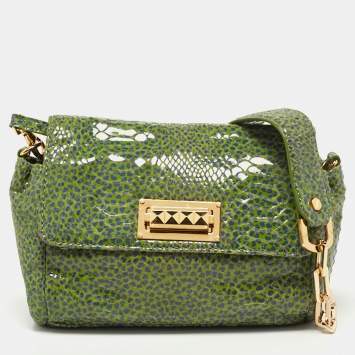 Pre Owned Tory Burch Green Python Print Laminate Leather Shoulder Bag