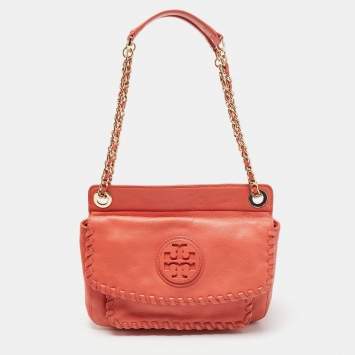 Pre Owned Tory Burch Peach Leather Marion Shoulder Bag