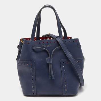 Pre Owned Tory Burch Dark Blue Brogue Leather Mini Block-T Bucket Bag