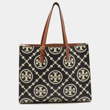 Pre Owned Tory Burch Black/Off White Monogram T Embossed Leather Contrast Tote