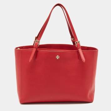 Pre Owned Tory Burch Red Leather Large York Buckle Shopper Tote