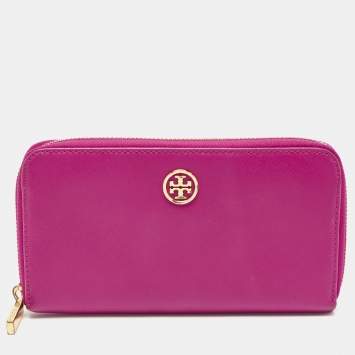 Pre Owned Tory Burch Majenta Saffiano Leather Robinson Zip Around Wallet
