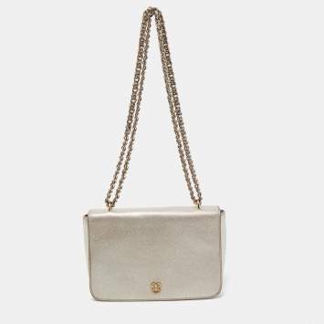 Pre Owned Tory Burch Silver Saffiano Leather Robinson Flap Shoulder Bag 