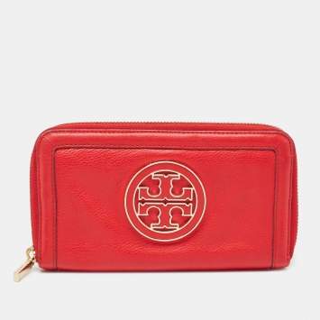 Pre Owned Tory Burch Red Leather Amanda Continental Zip Around Wallet