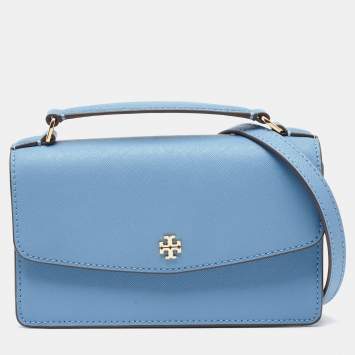 Pre Owned Tory Burch Light Blue Saffiano Leather Mini Emerson Top Handle Bag