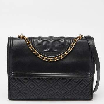 Pre Owned Tory Burch Black Leather Large Fleming Shoulder Bag