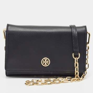 Pre Owned Tory Burch Black Leather Robinson Chain Clutch Bag