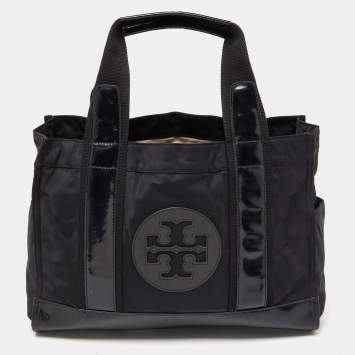 Pre Owned Tory Burch Black Nylon and Leather Ella Tote