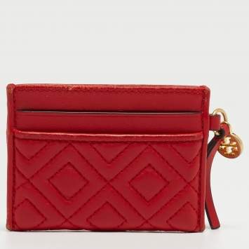 Pre Owned Tory Burch Red Quilted Leather Fleming Card Holder