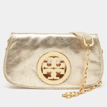 Pre Owned Tory Burch Gold Laminated Leather Reva Logo Crossbody Bag