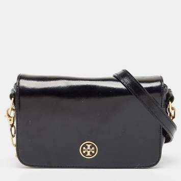 Pre Owned Tory Burch Black Saffiano Patent Leather Robinson Shoulder Bag
