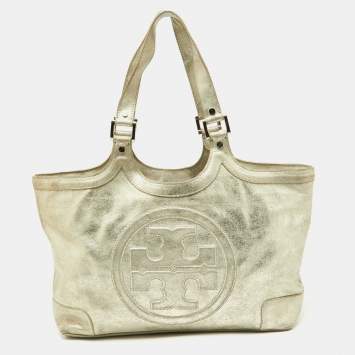 Pre Owned Tory Burch Gold Crackled Leather Bombe Tote
