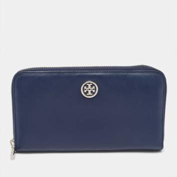Pre Owned Tory Burch Blue Leather Robinson Zip Around Wallet