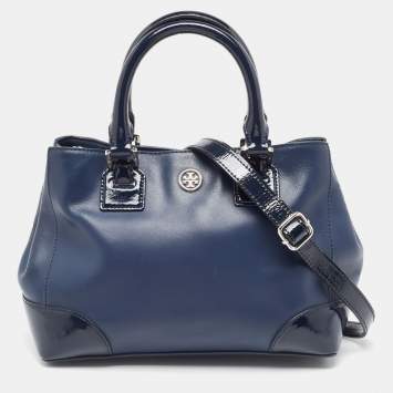 Pre Owned Tory Burch Blue Patent And Leather Robinson Middy Satchel