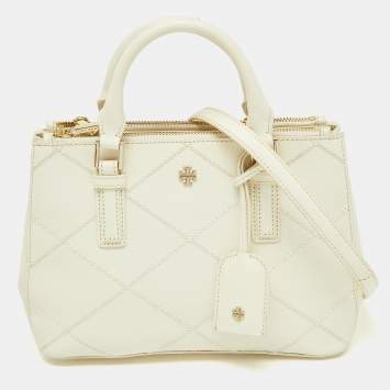 Pre Owned Tory Burch Off White Leather Mini Robinson Double Zip Tote