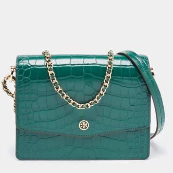 Pre Owned Tory Burch Green Croc Embossed Leather Emerson Crossbody Bag