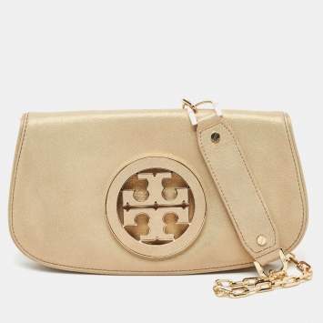 Pre Owned Tory Burch Beige Shimmer Nubuck Leather Miller Clutch Bag