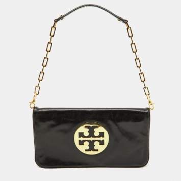 Pre Owned Tory Burch Black Leather Reva Logo Shoulder Bag 